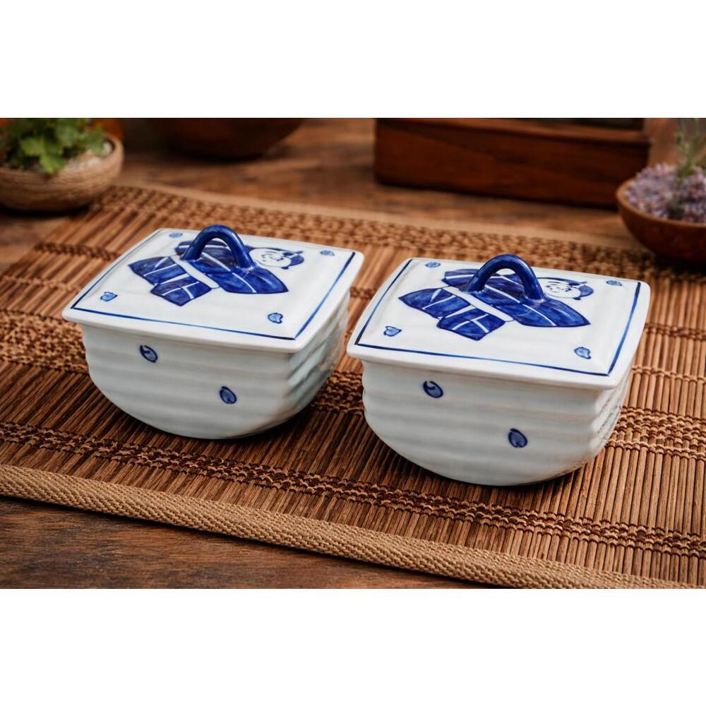 Vintage Japanese Arita Style Blue White Porcelain Lidded Boxes Trinket Dish Set